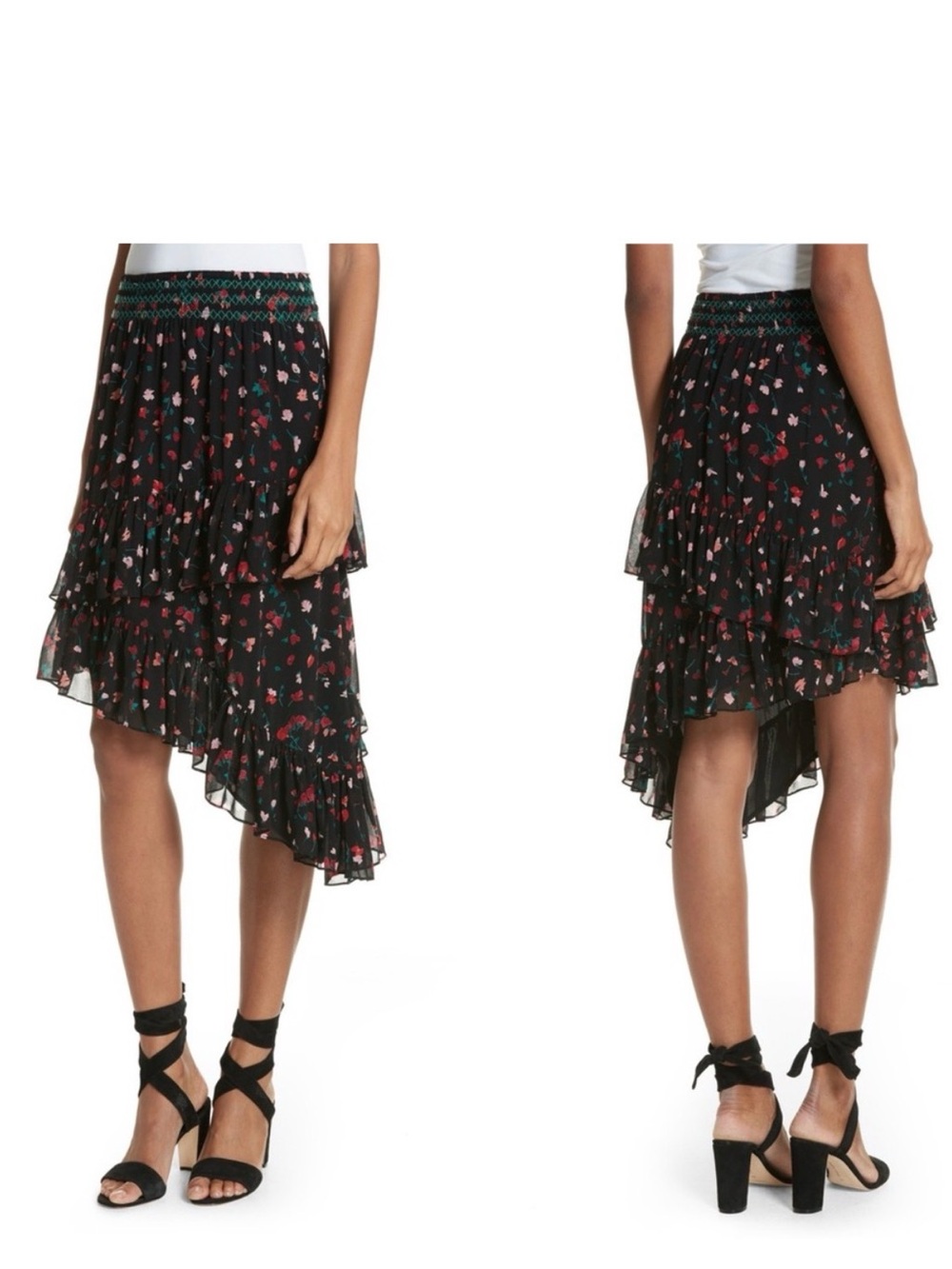 Joie Black Floral Tiered Asymmetrical Skirt